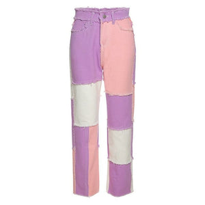 Casual Patchwork Color High Waist Denim Jeans Pants