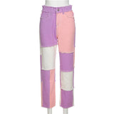 Casual Patchwork Color High Waist Denim Jeans Pants