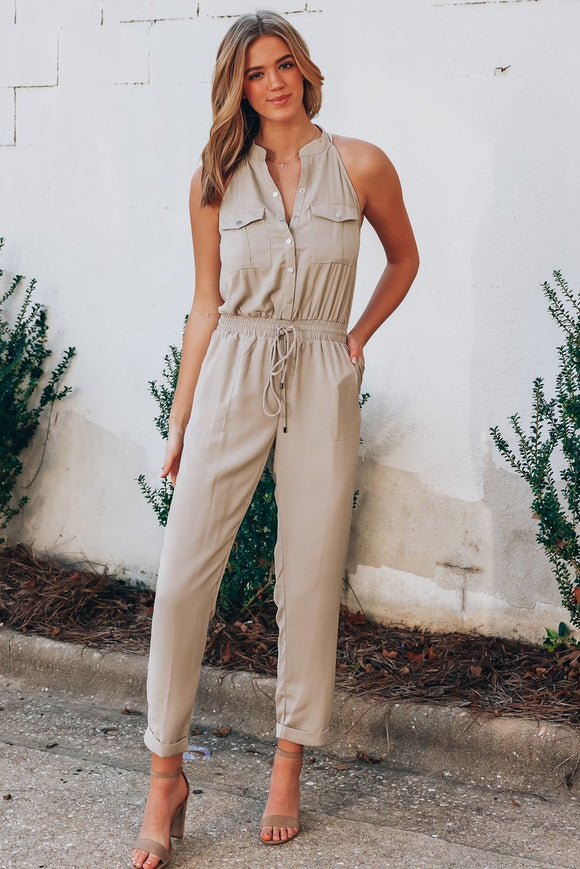 Apricot Button Front Patch Pockets Sleeveless Casual Jumpsuit