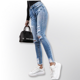 Women Casual High Waist Tassel Hole Denim Pants