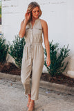 Apricot Button Front Patch Pockets Sleeveless Casual Jumpsuit