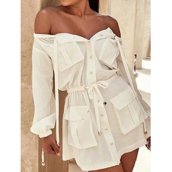 Casual White Cotton Dress Pockets Women Off Shoulder Long Sleeve