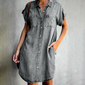 Women Short Sleeve Pockets Single-breasted Irregular Hem Knee-length