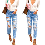 Women's High Waisted Skinny Destroyed Ripped Hole Denim Pants 