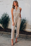 Apricot Button Front Patch Pockets Sleeveless Casual Jumpsuit