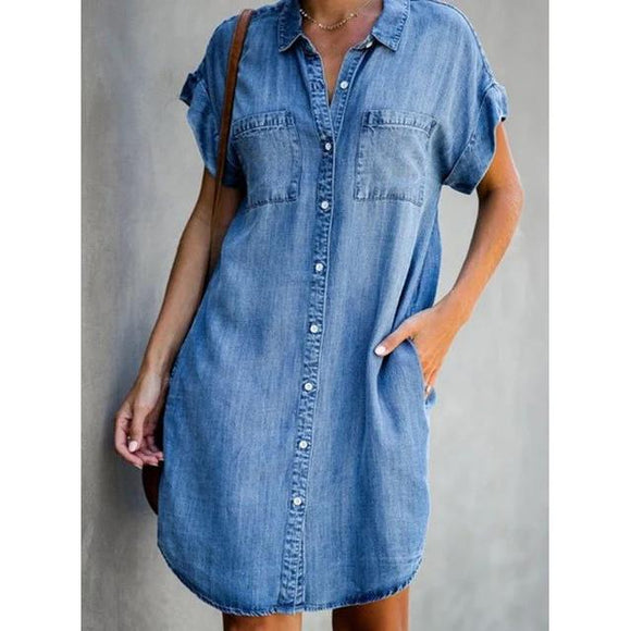 Women Short Sleeve Pockets Single-breasted Irregular Hem Knee-length