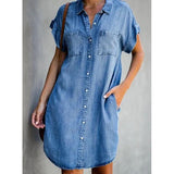 Women Short Sleeve Pockets Single-breasted Irregular Hem Knee-length