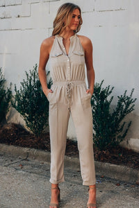 Apricot Button Front Patch Pockets Sleeveless Casual Jumpsuit