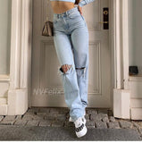 Womens Loose Fit Jeans 2021 Ripped Wide Leg For Women High Waist Blue Wash Casual Cotton Denim Trousers Summer Baggy Jean Pants