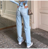 Womens Loose Fit Jeans 2021 Ripped Wide Leg For Women High Waist Blue Wash Casual Cotton Denim Trousers Summer Baggy Jean Pants