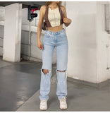 Womens Loose Fit Jeans 2021 Ripped Wide Leg For Women High Waist Blue Wash Casual Cotton Denim Trousers Summer Baggy Jean Pants